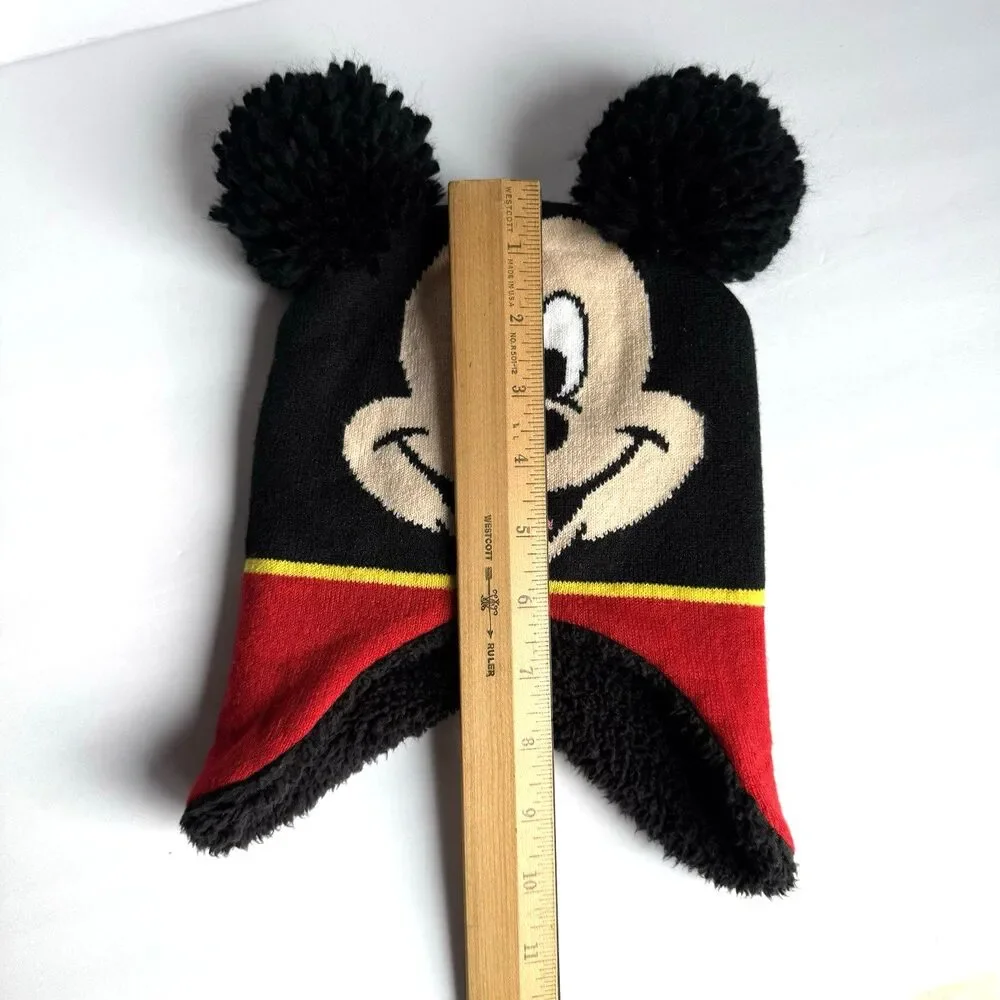 Toddler Disney Mickey Mouse Winter Beanie Hat Knit Pom Pom Ears Flaps Sz 2T-5T